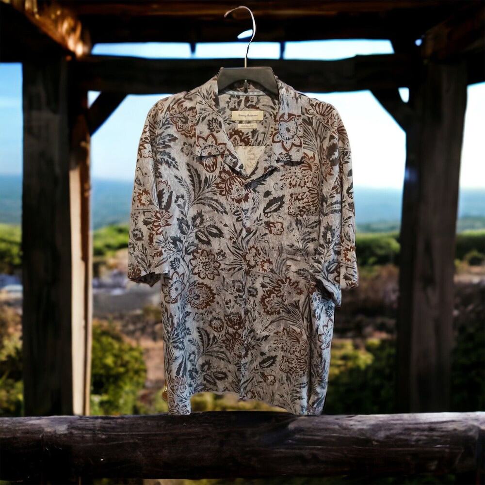 Tommy‎ Bahama Mens Hawaiian Floral Original Shirt XXL 2XL 100% Silk Gray Brown